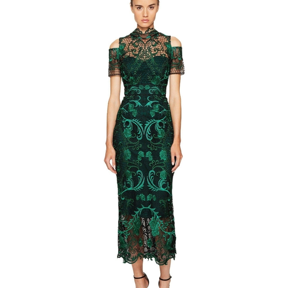 MARCHESA NOTTE Emerald Green Black Lace Cocktail Dress Size 10
